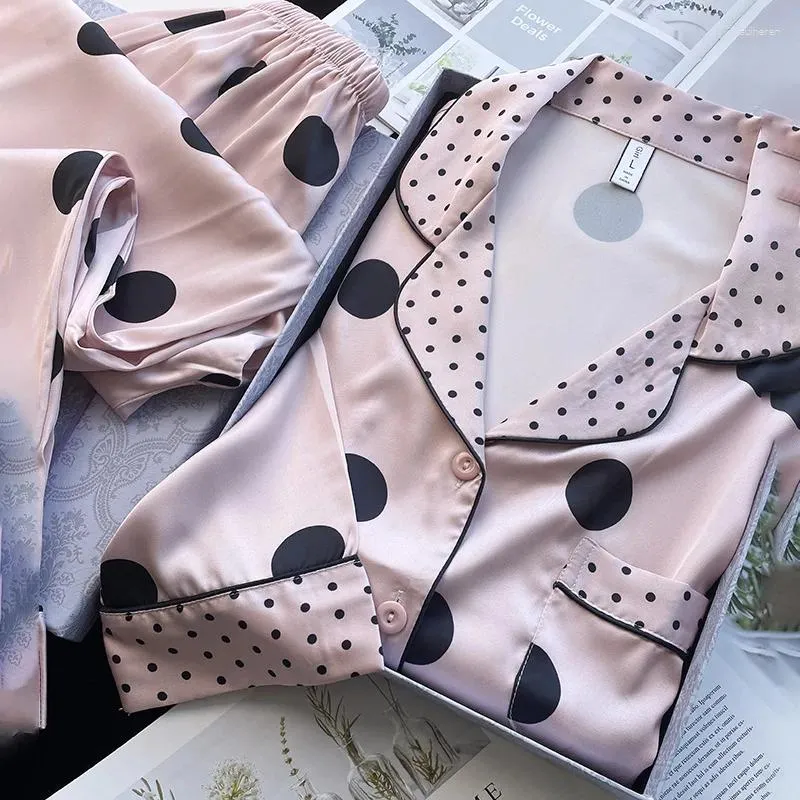 Pigiama da donna con stampa a pois Pigiama da notte Rayon Homewear Lady Pigiama estivo primaverile Set da 2 pezzi Pigiama con risvolto Pantaloni