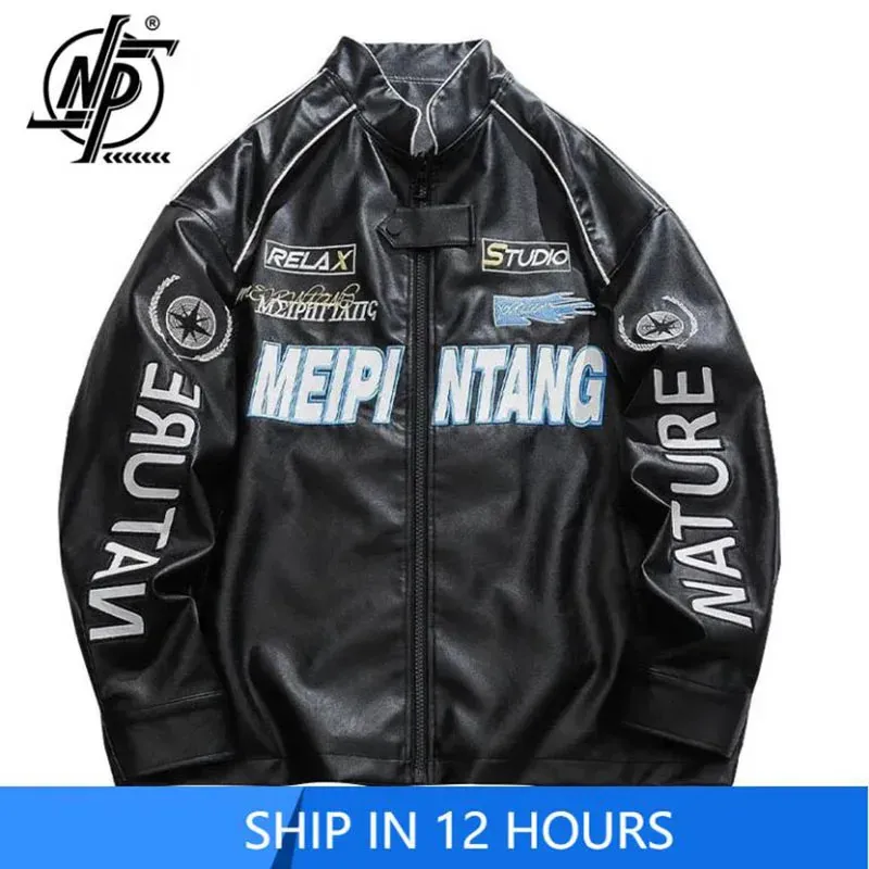 Spring Pu Leather Motorcykeljacka Men High Street Korean Letter Brodery Bomber Coat Unisex Varsity Jacket Vintage Outwear 240226