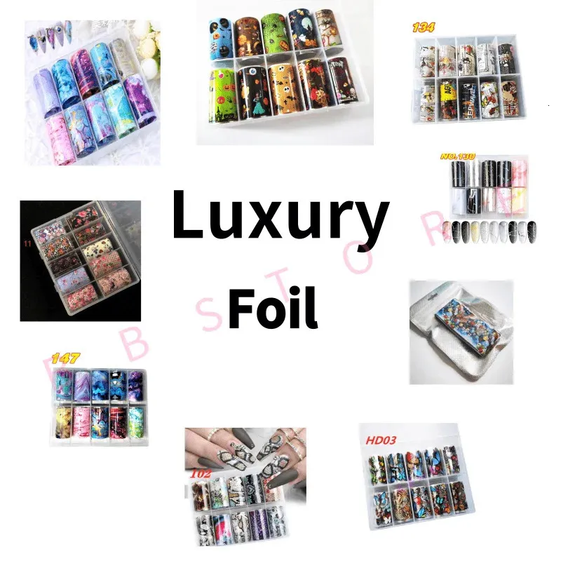 10 Roll Designer Art Art Transfer Transfer Set Luxury Brand و Butterfly Nail Art Foil Transfer Stails 4*100cm 240301