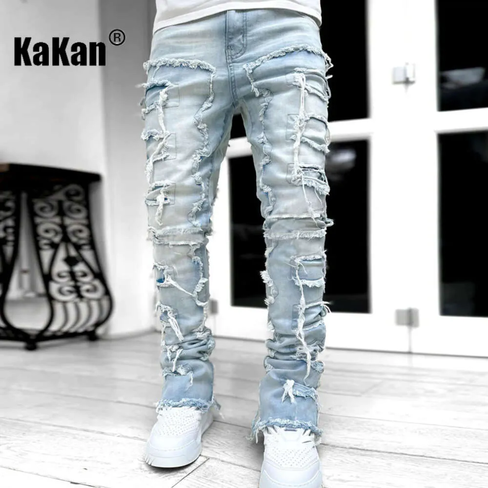 Kakan - Nieuwe Europese en Amerikaanse zwaargewicht Streetwise Stretch Patch Jeans voor heren, High Street Straight Fit lange jeans16-3001