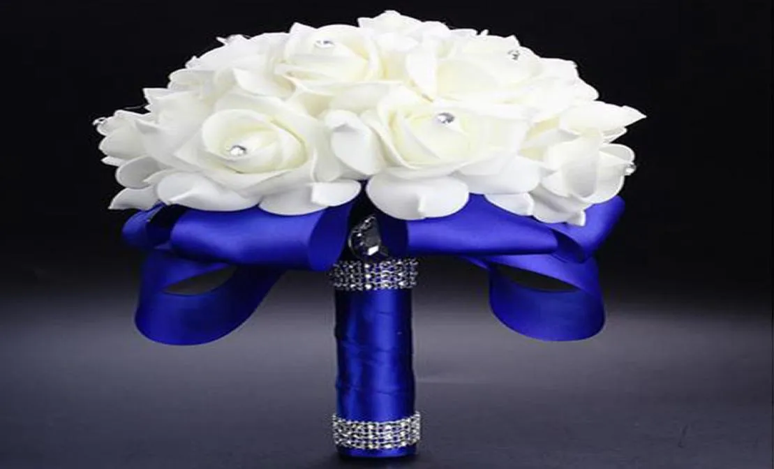 2017 Elegant Rose Artificial Bridal Flowers Bride Bouquet Wedding Bouquet Crystal Royal Blue Silk Ribbon New Buque de NoivaBlue BO1449585