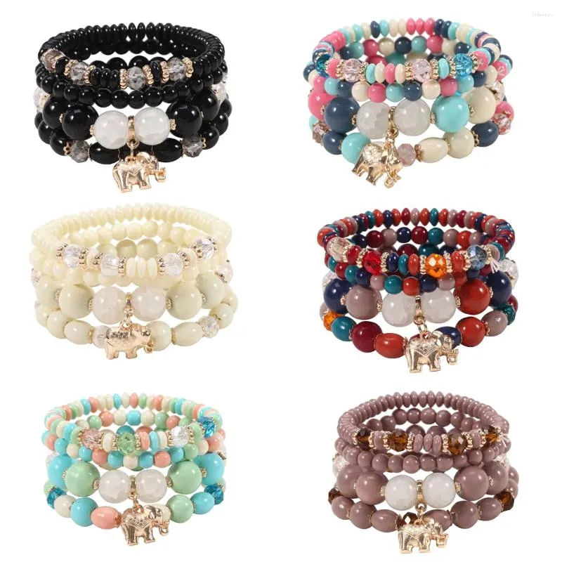 Link Bracelets 4pcs/set Beaded Crystal Bracelet For Women Bohemian Elephant Pendant Wholesale Bulk Wrap Charm Jewelry