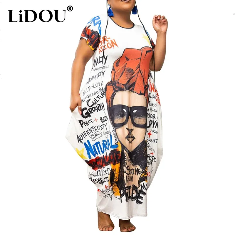 Dresses 2022 Summer New Funny Haruku Plus Size Women Clothing Trend Vintage Ethnic Street Style Casual Dress Printing Pocket Vestidos