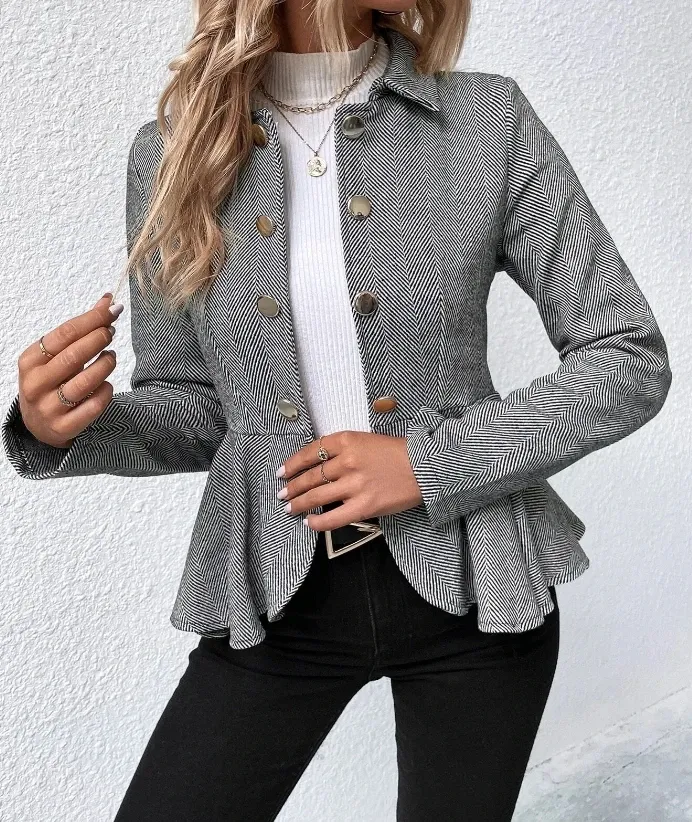 Jackets Women's Jacket 2023 Autumn Fashion Jacquard Ruffled Hem Casual Lapel Long Sleeve Slim Fit Double Breasted Blazer Women's Coat