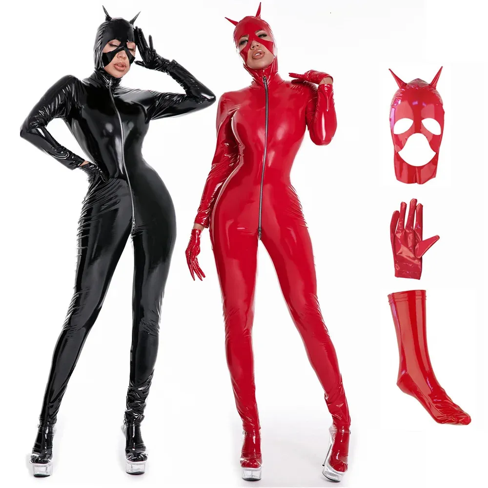 Latex catsuit kvinnor våt utseende glänsande pu faux läder jumpsuits passar långärmad zip öppen crotch bodysuit clubwear plus size s5xl 240301