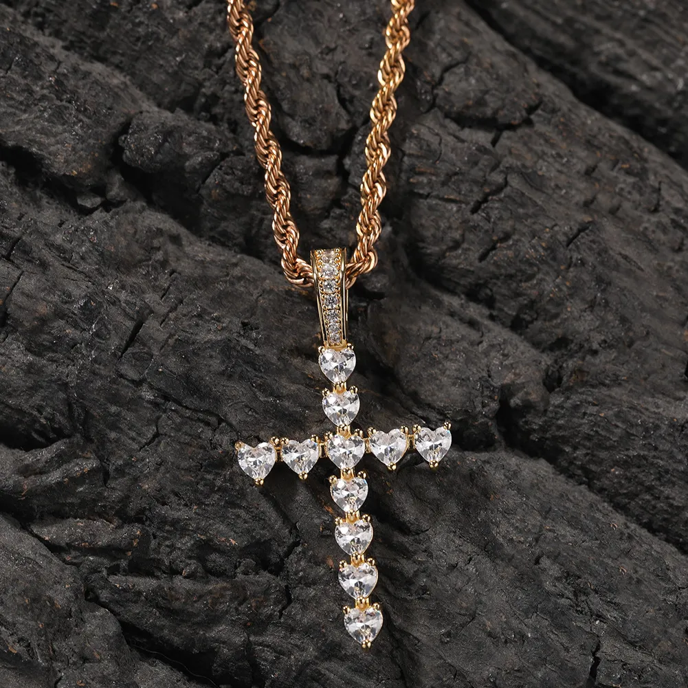 ヒップホップファッションチャームハートシェイプジルコンクロスペンダントネックレスクリスタルジュエリー18Kリアルゴールドメッキ女性男性宗教宝石