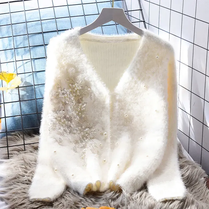 Cardigans kvinnor blommor broderier pärlor pärlor vneck mohair tröja kappa lös höst vinter mjuk mink stickad cardigan kort stickad