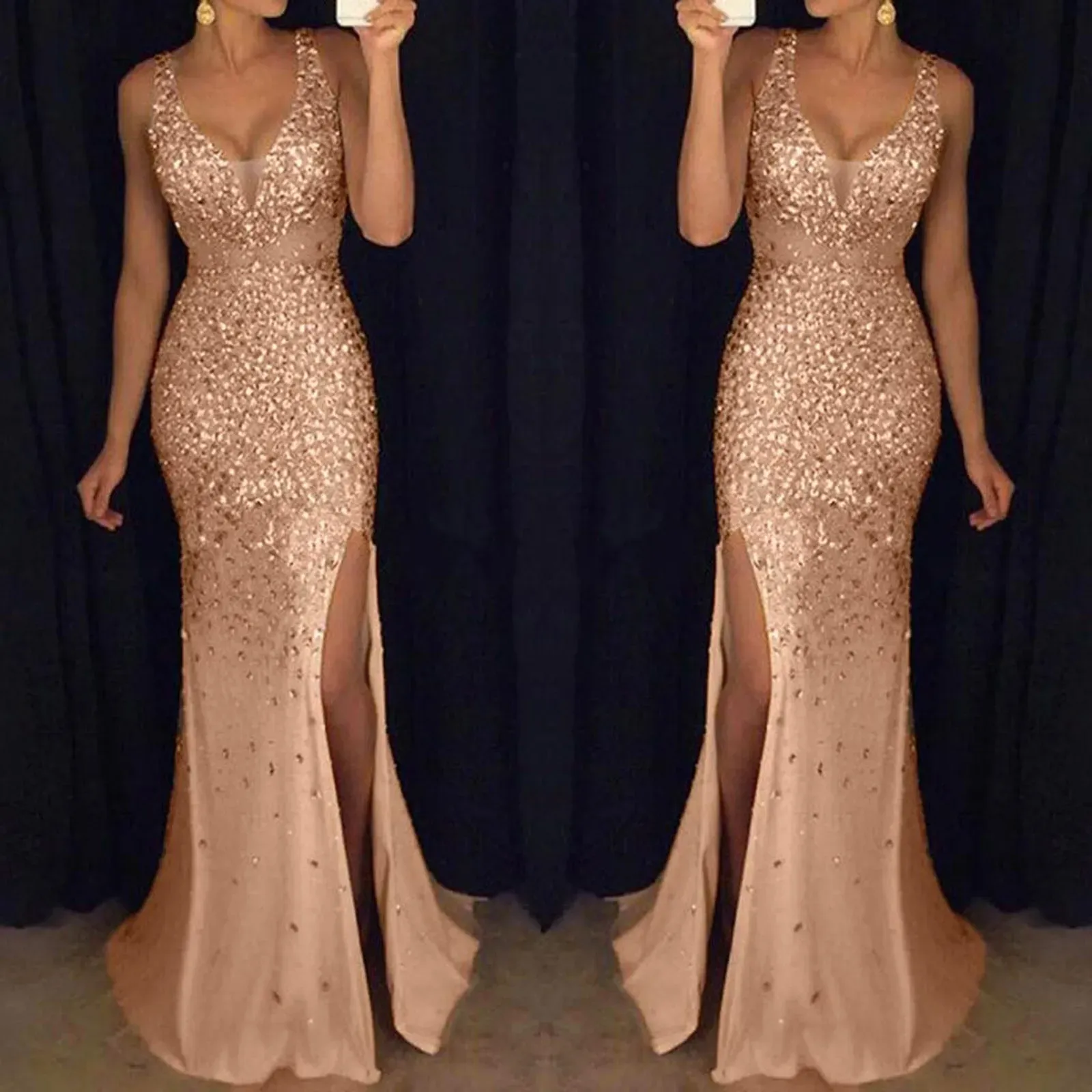 Dress Gold Sequined Sling Mermaid Dress Women Elegent Evening Prom Party Ball Gown Vestidos Sexy V Neck Slits Bridesmaid Dress