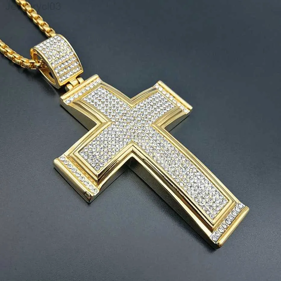 Hip Hop glacé grande croix pendentif collier pour hommes 14k or jaune strass Hiphop Christian JewelryZGOW