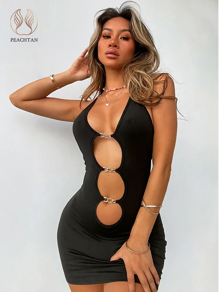 Klänningar Ny kedja Cutout Front Bodycon Dress One Piece badkläder 2023 Kvinnor Sexig Push Up Monokini Micro Halter Swimsuit Black Beach Dress