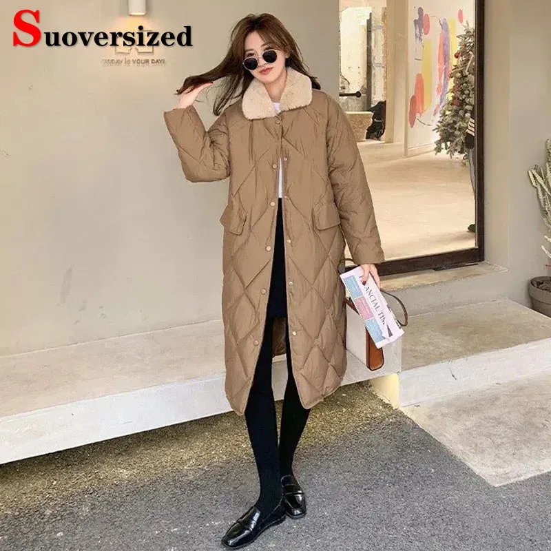 Parkas Fashion Midlength Slim bont kraag Parkas Winterwindaandrager Oversized lichtgewicht Dikke Warme lagen Koreaanse katoenen gevoerde jassen