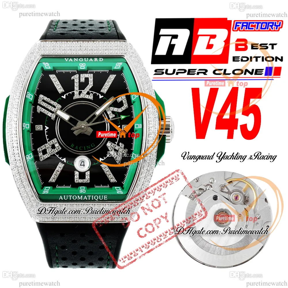 Vanguard V45 Racing ETA A2824 Automatic Mens Watch ABF Diamonds lunette verte intérieur Black Diamond Markers Rubber