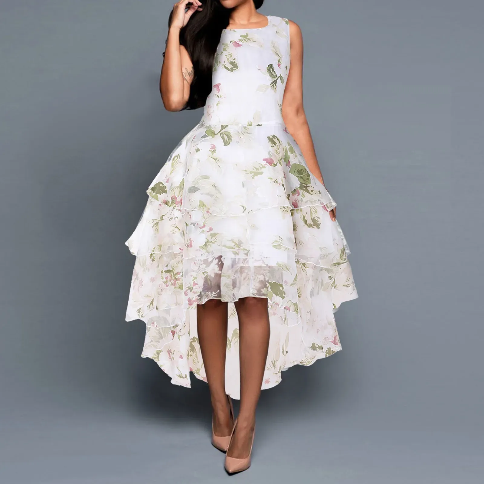 Vestido floral de malha de renda elegante vestido de casamento feminino vestido de festa sem mangas em torno do pescoço roupas festa à noite vestido de baile 2023