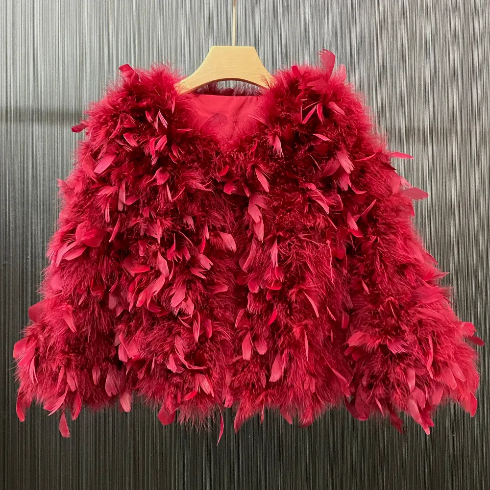 Fur Fashion Luxury Genuine Ostrich Feather Jacket Women Warm 100%Natural Turkey Fur Short Coat Long Sleeve Casual Outerwear