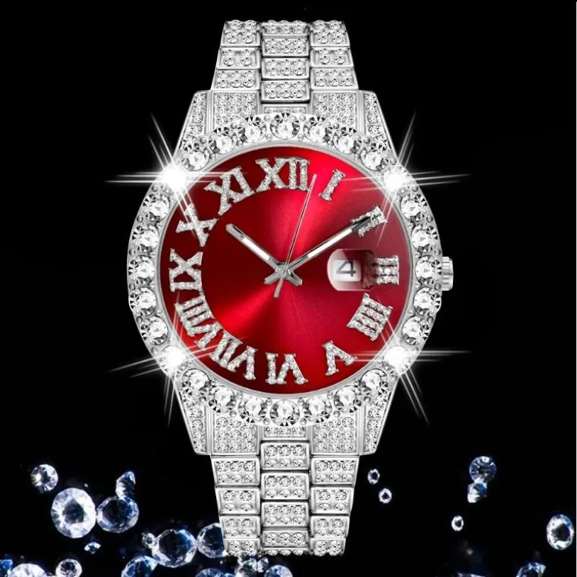 Volledige Diamanten Mode Quartz Horloge Mannen Iced Out Luxe Klassieke Designer Zilver Roestvrij Staal Heren Horloges Hip Hop Reloj Hombre W264G