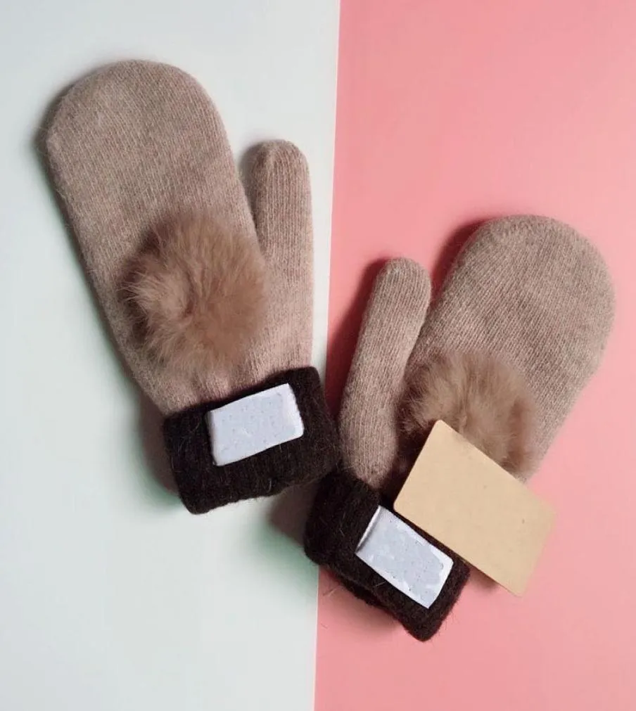 Шерстяные женские перчатки, теплые и брендовые мягкие зимние женские варежки, однотонные однотонные шарики из кроличьего меха, двухслойные, для взрослых, размер 3317066