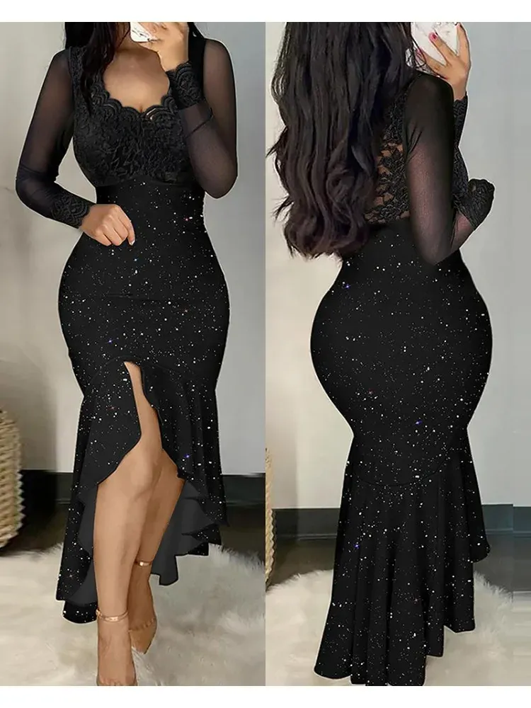 Dress Fall Fshion Women Glitter Chic Lace Patchwork Deep V Neck Long Sleeves High Silt Maxi Mermaid Bodycon Formal Party Dresses