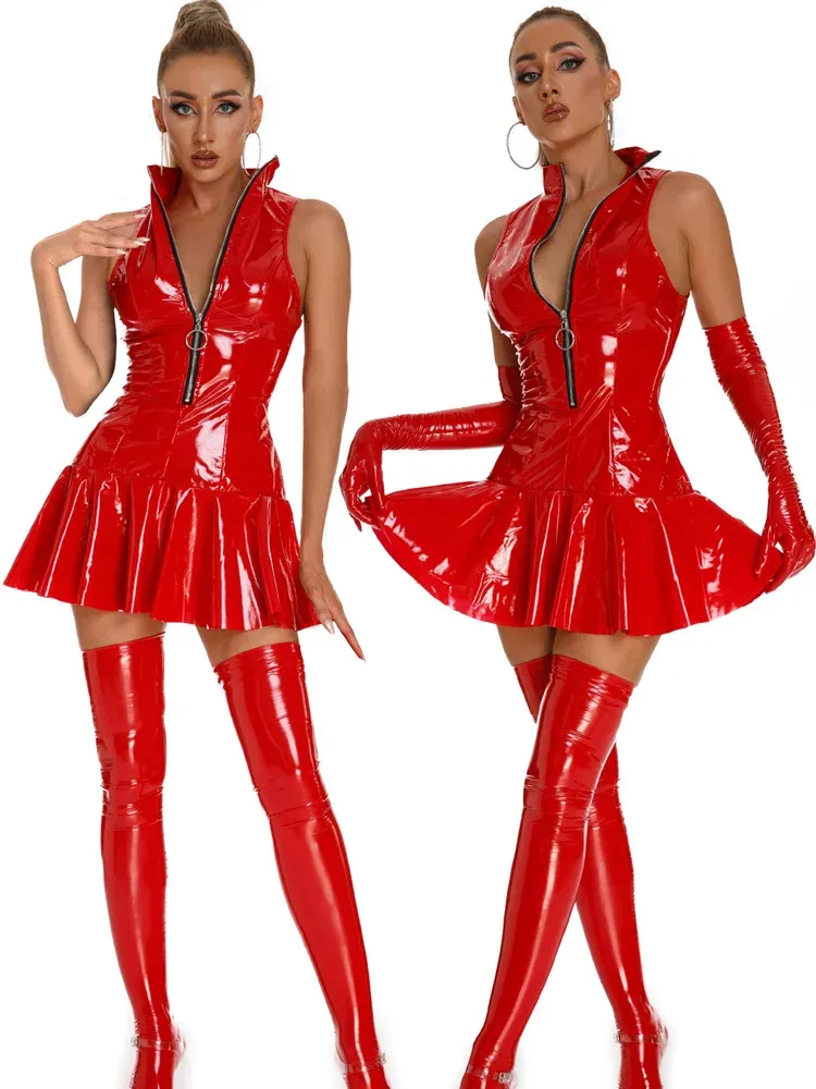 Elbise kolsuz ıslak görünüm pvc vestido parlak pu deri aline sıcak elbise tayt seksi cosplay minifalda kulübü sundress elbise gövdesi