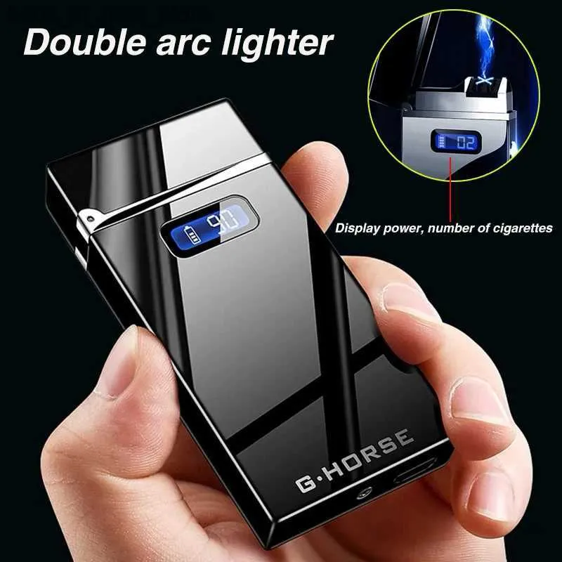 Зажигалки Смарт-чип электрический двойной дуги USB свет открытый ветрозащитный импульсный плазменный беспламенный цифровой дисплей мощности свет мужской подарок Q240305