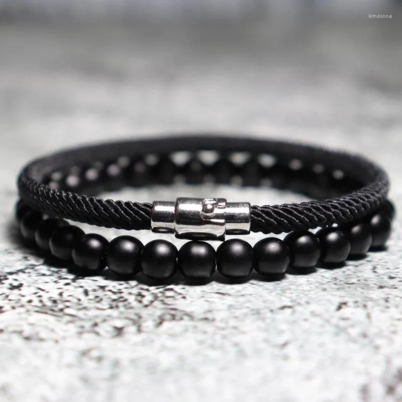 Charme pulseiras 2 pcs/par pulseira masculina natural vulcânica matte pedra braclet na moda milão roep trançado braslet masculino conjunto de jóias hombre