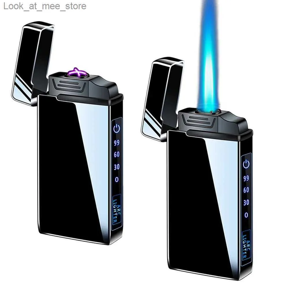 Lighters 2-in-1 dual arc light windproof USB metal jet flame light with flashlight LED gas charging light Q240305