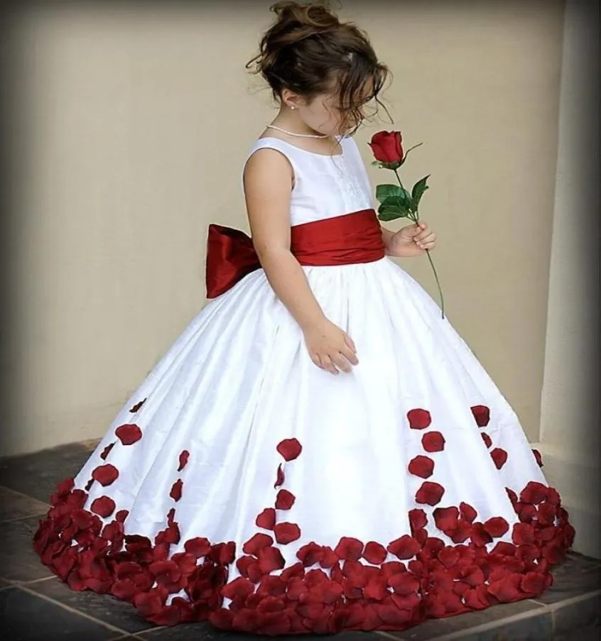 Vermelho e branco arco nó rosa cetim vestido de baile casamento flor menina vestidos tripulação decote menina festa pageant vestidos 2019 novo kid9785924