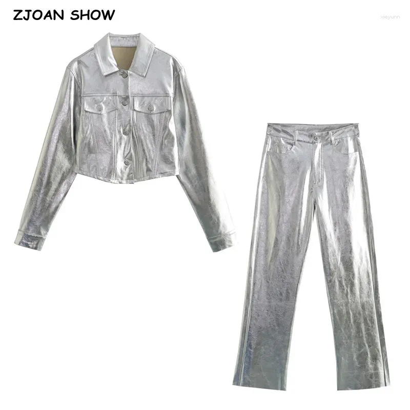 Cuero de mujer ZJOAN SHOW 2024 Solapa retro americana Bolsillos dobles Chaqueta plateada de metal sintético Pantalones rectos de cintura media Ropa de abrigo fresca
