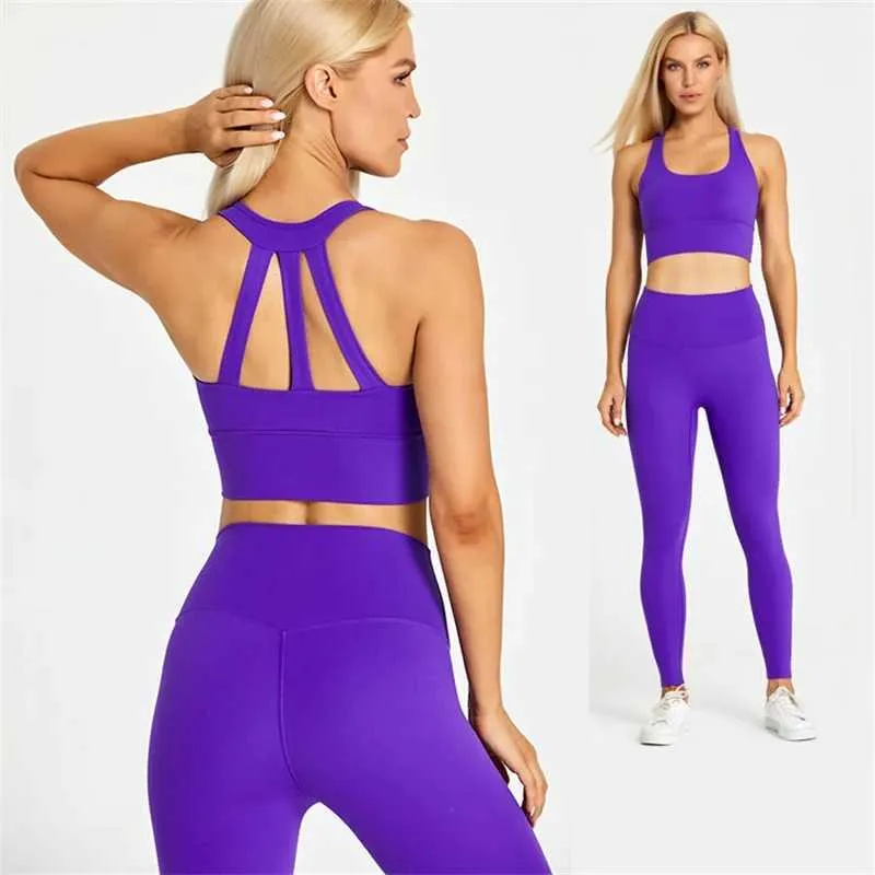 Survêtements pour femmes Couleur unie Jambe Exercice Fitness Cross Gym Soutien-gorge Top 2 pièces Ensemble de yoga doux Vêtements de sport ajustés Vêtements de sport pour femmes J240305