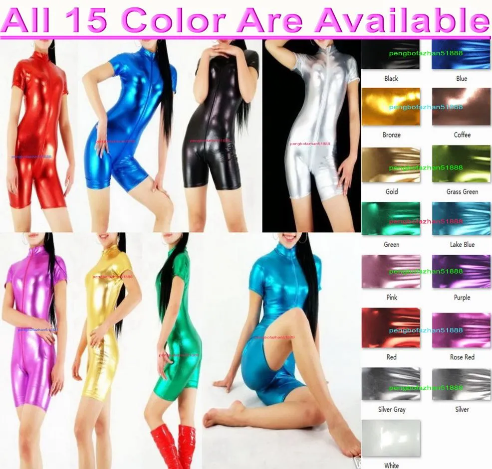 Sexiga kvinnliga tights Body Suit Costumes With Front Long Zip 15 Color Shiny Lycra Metallic Short Catsuit Costume Unisex Halloween Part8217684