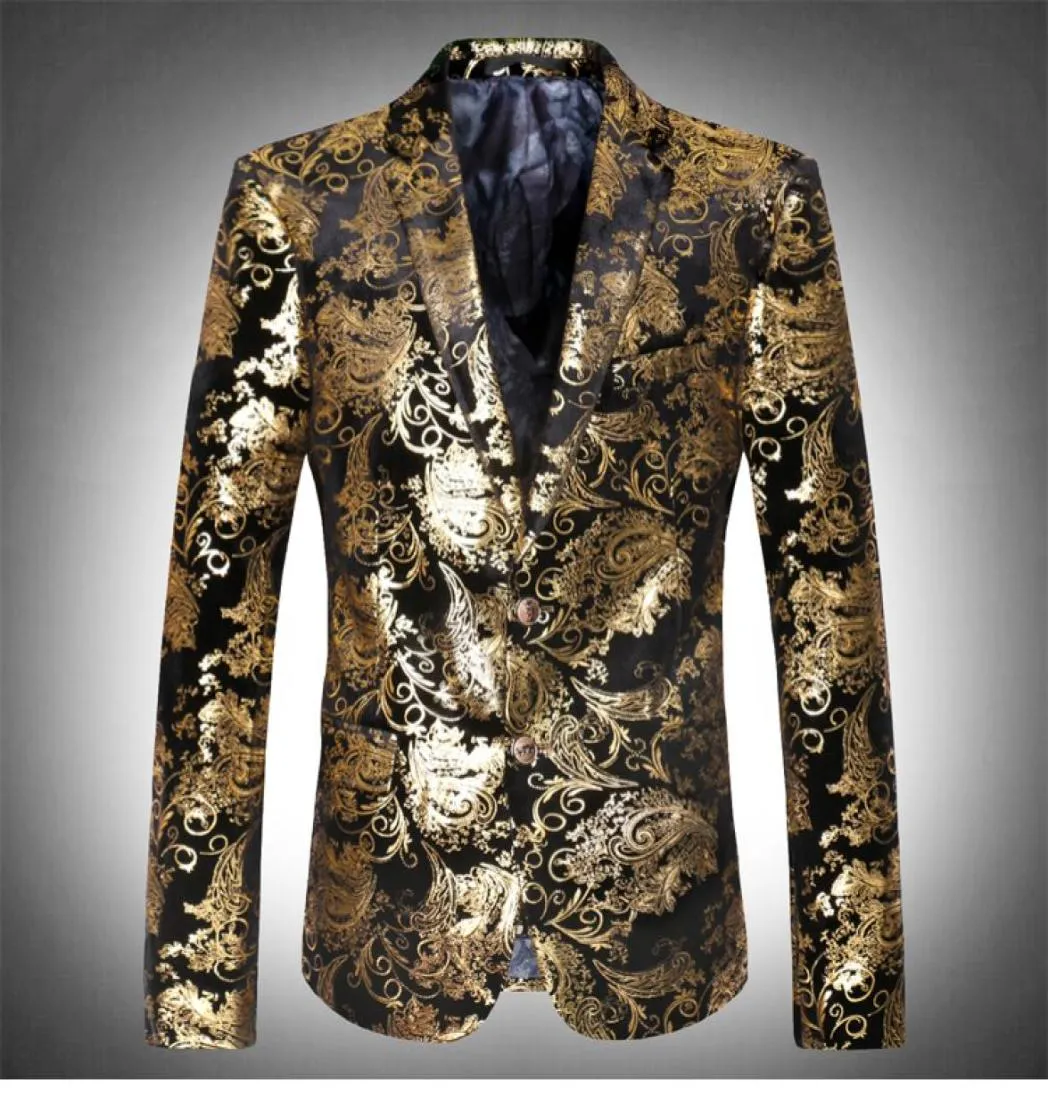 Golden Black Print Vestes Blazers Prom Fashion Men039s Veste Homme Costume De Smoking Pour Chanteur Danseur Star Discothèque Show Weddin5777433