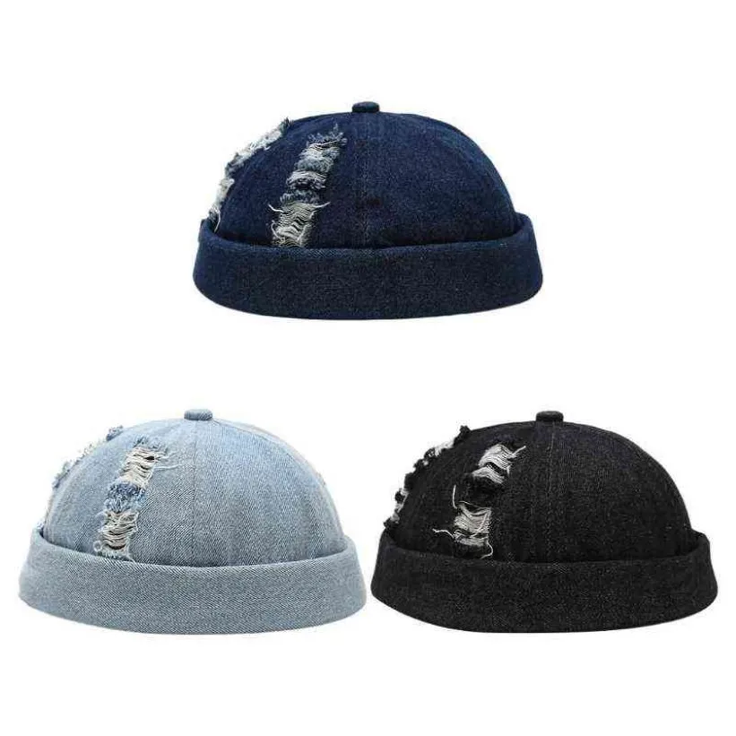 Casquette Docker Vintage déchirée sans bride en Denim, bonnet respirant, Style rétro japonais réglable O18 21 Drop Y21111290a