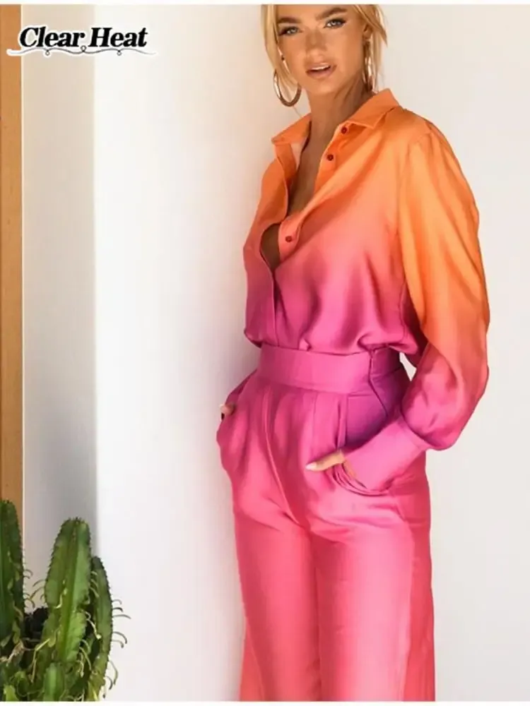 Suits Satin Loose Gradient Blouse Suit Elegant Long Sleeve Shirt Straight Pant Outfits 2023 Spring High Street Lady 2 Piece Set