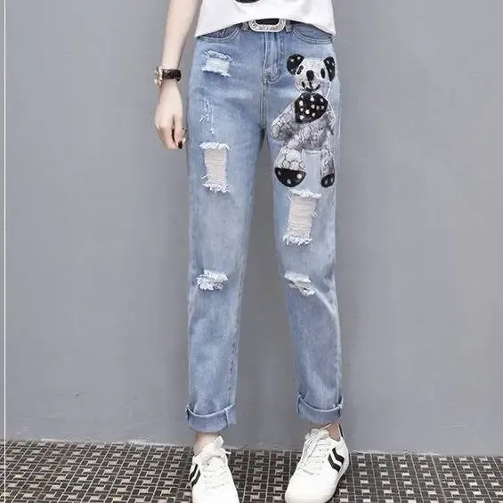 Jeans S3XL Damen Damen Plus Size Mickey Boyfriend Denim zerrissene Hose Vintage gerade Jeans für Mädchen Mittlere Taille Freizeithose weiblich