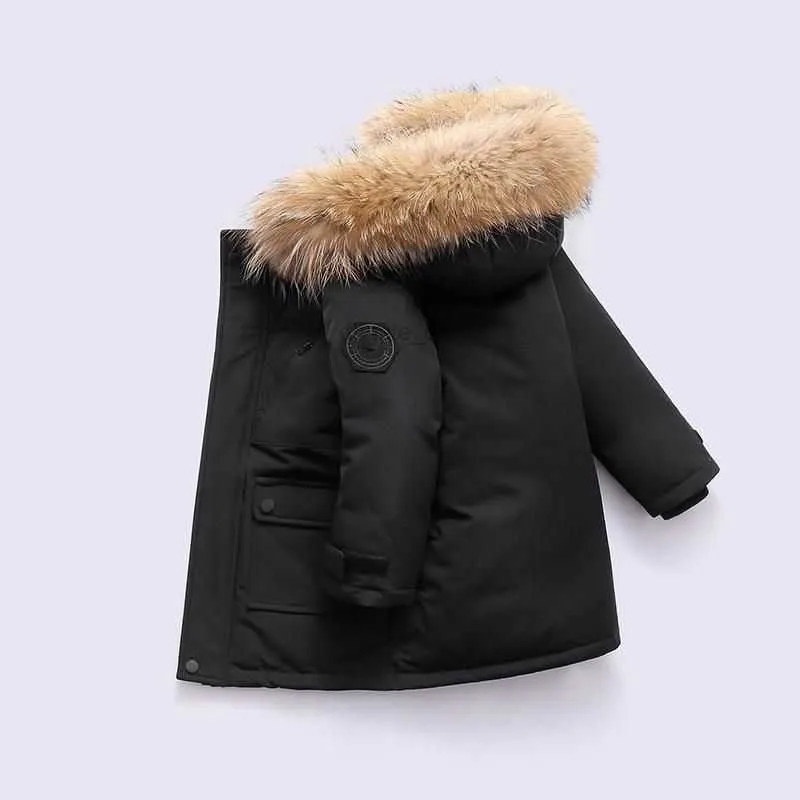 2022 Vinterdesigner Kids Coat Down Jacket For Boys Real Raccoon päls tjock varm baby ytterkläder rockar 2-12 flickor jackor år barn