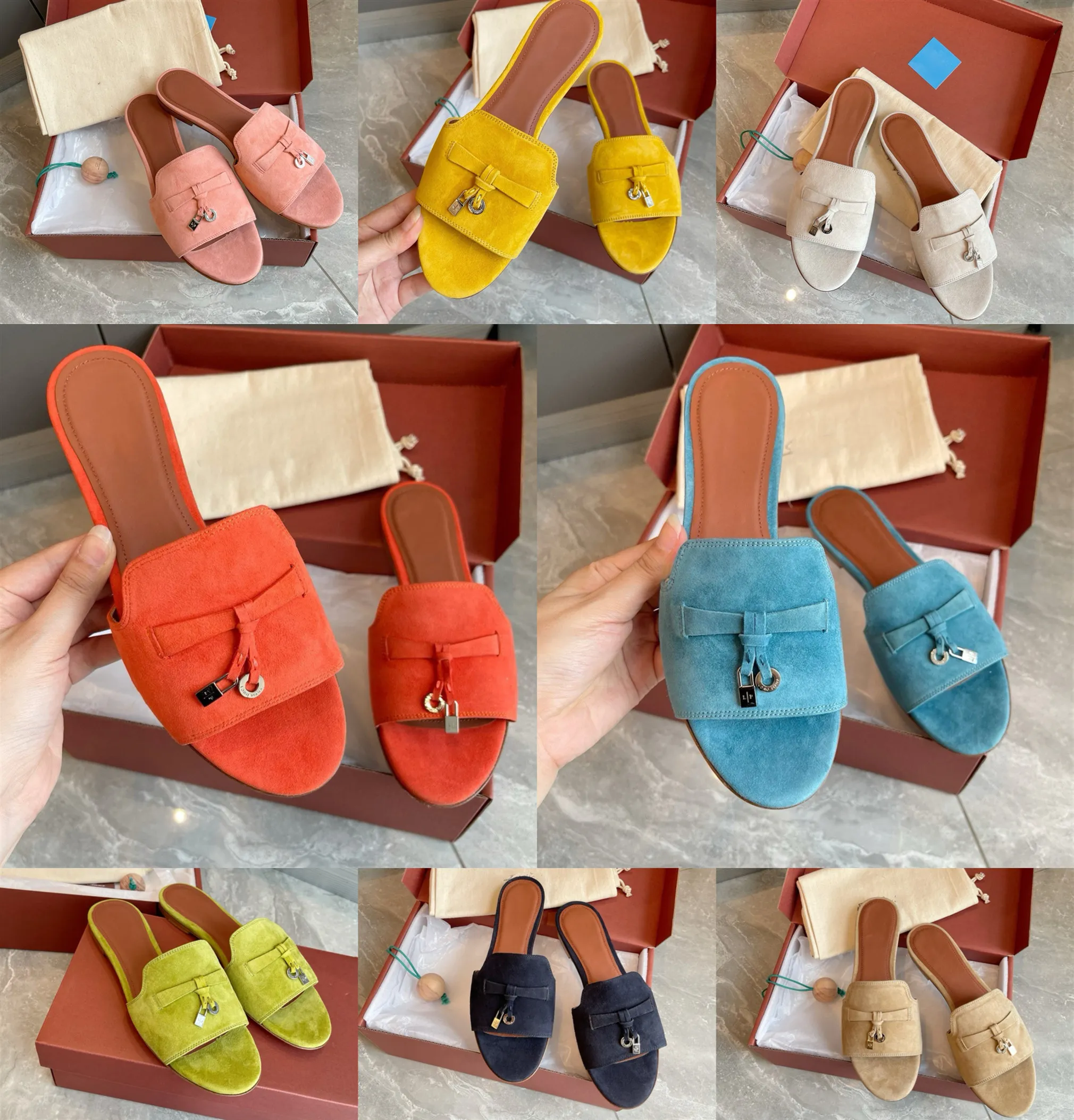 Loro P Ladies Slippers Womens Summer Charms Walk Sandals Beach 슬라이드 스웨이드 플립 플립 로퍼 단용 색상 35-42 상자