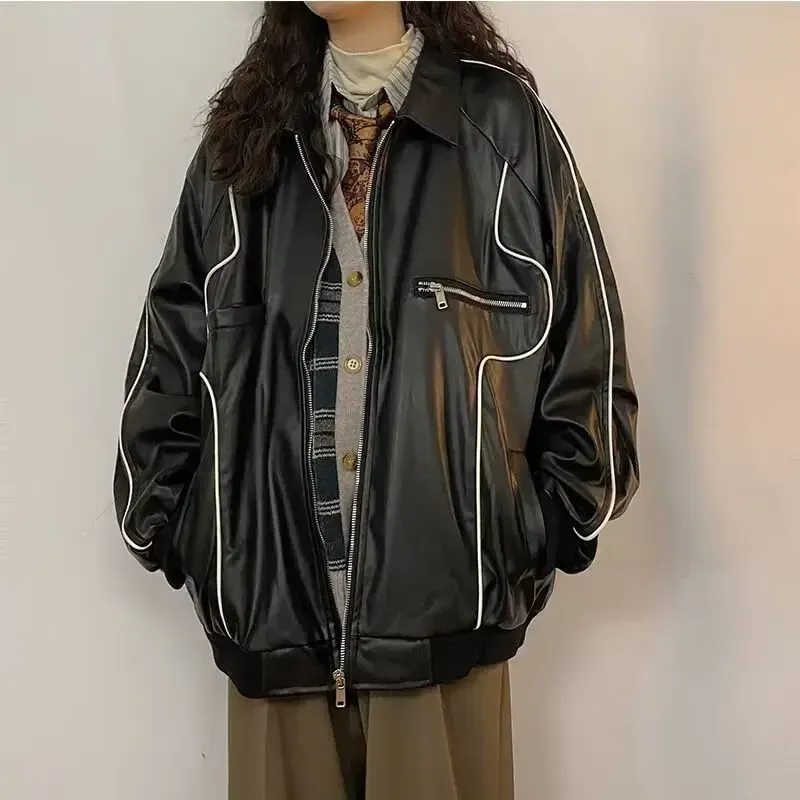 Giacche Giacca da corsa in pelle vintage Deeptown Donna Stile gotico oversize Moda coreana Streetwear Giacche casual da motociclista con cerniera