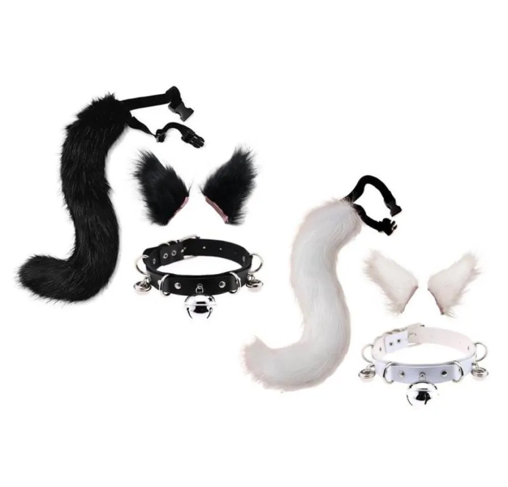 Plush Cat Ears Hair Clip Furry Wolf Tail With Faux Leather Bell Neck Choker Halsband Set Anime Animal Cosplay Costume Accessories1709613