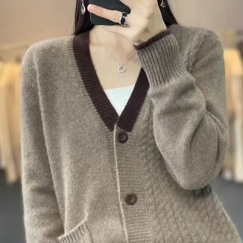 Cardigans randiga stickade toppar för kvinna vinterknapp cardigan brun kvinnor tröja vneck 2023 jumper mode y2k vintage koreansk lyx