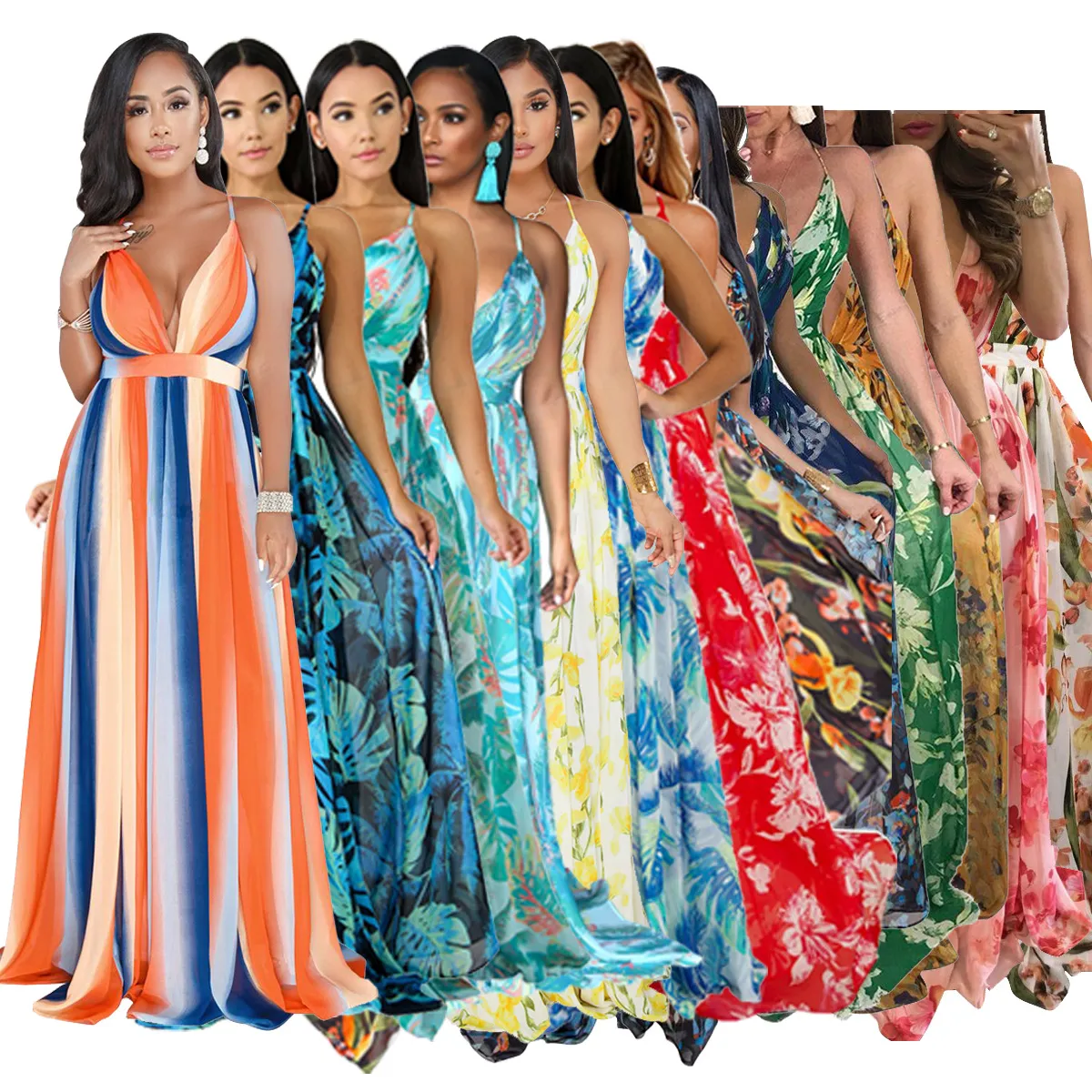 Vestidos de grife para mulheres sexy sem alças sexy com decote em v sem costas chiffon maxi vestido designer para mulheres sem mangas com estampa floral e vestido sexy de conforto de alta qualidade