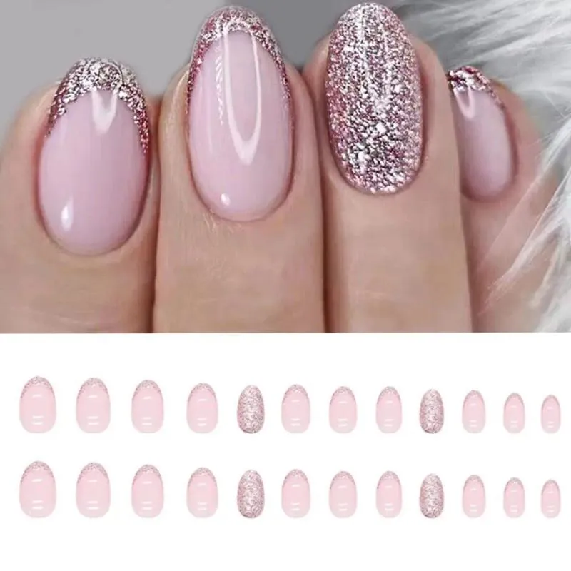 Pregos Falsos 24 pcs Rosa Falso Prego Longo Oval Francês Styly Brilhando Cobertura Completa Press On DIY Destacável Manicure Dica