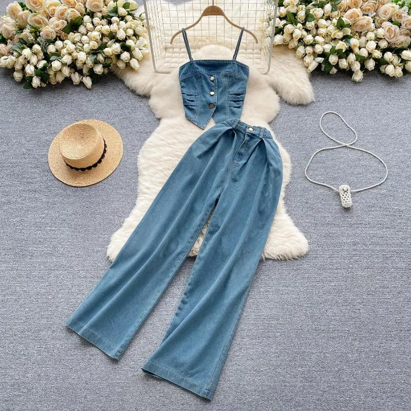 Zweiteilige Damen-Hosen, Sommer-Vintage-Jeans-Hosen-Sets für Frauen, sexy Denim-Riemen, bauchfreies Top, weites Bein, lange weibliche Freizeitanzüge im schicken Chic