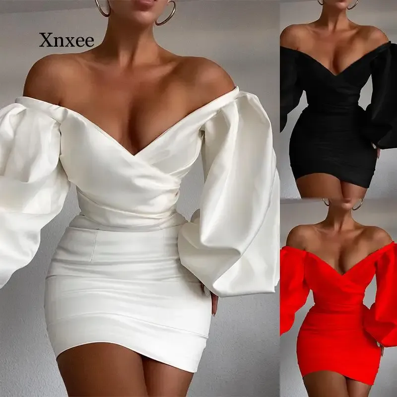 Klänning 2021 Autumn Winter Women White Black Satin Corset Dress Puff Sleeve Sexig stropplös Bodycon Elegant Party Mini Dresses