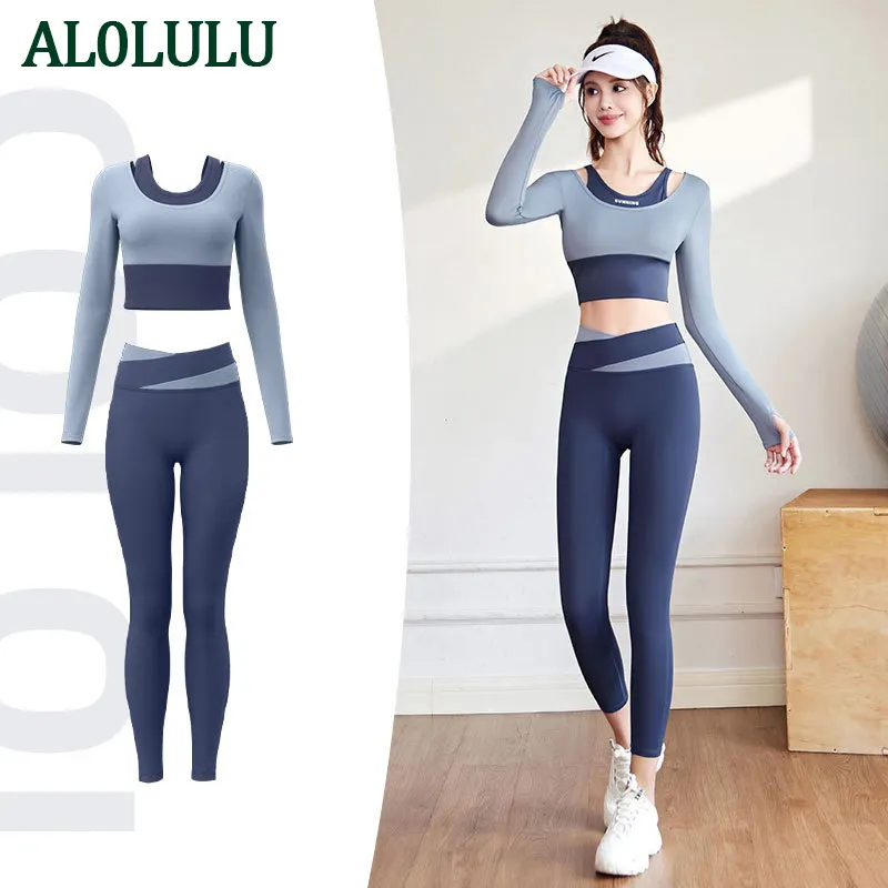 AL0LULU com logotipo conjunto de roupas de ioga de duas peças sutiã esportivo calças de ioga roupas de fitness