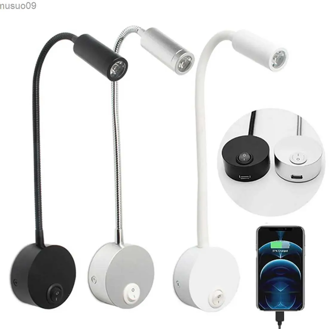 Lampada da parete Porta di ricarica USB Nero Argento Bianco Lampada da lettura a led 3000K 4000K 6000K 3W LED Lampada da parete a collo di cigno USB per comodino domestico dell'hotel