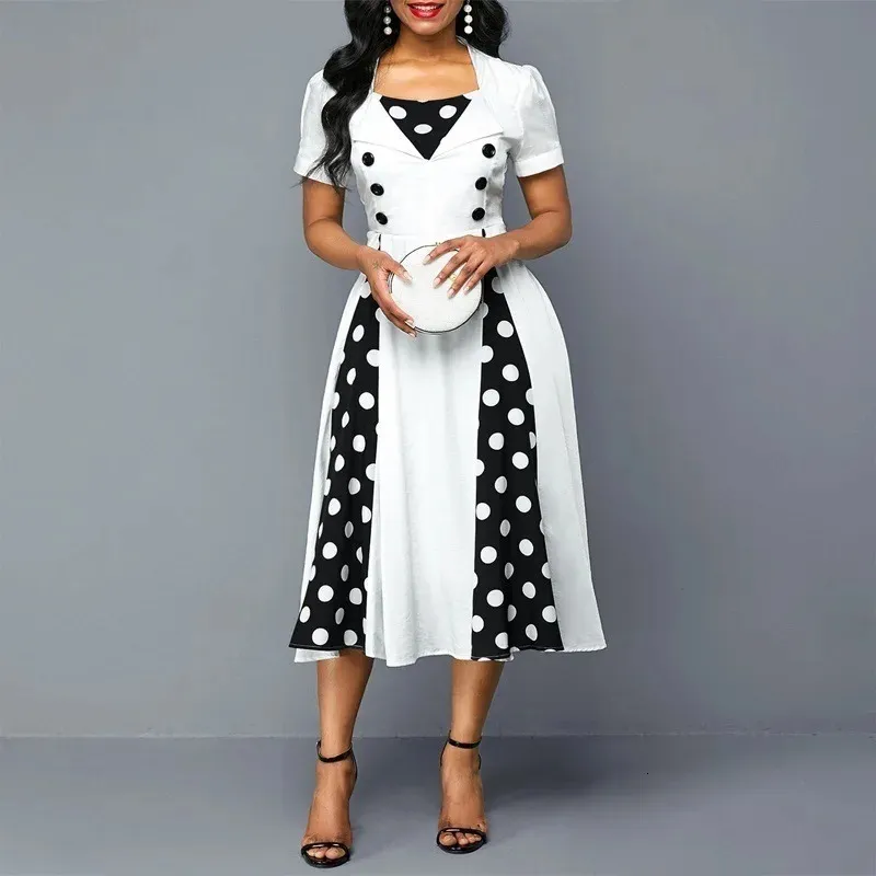 Vintage Dot Print Swing Pin Up Summer Party Dresses Women Short Sleeve High Waist A-Line Dress Elegant Casual Robe Vestidos 240301