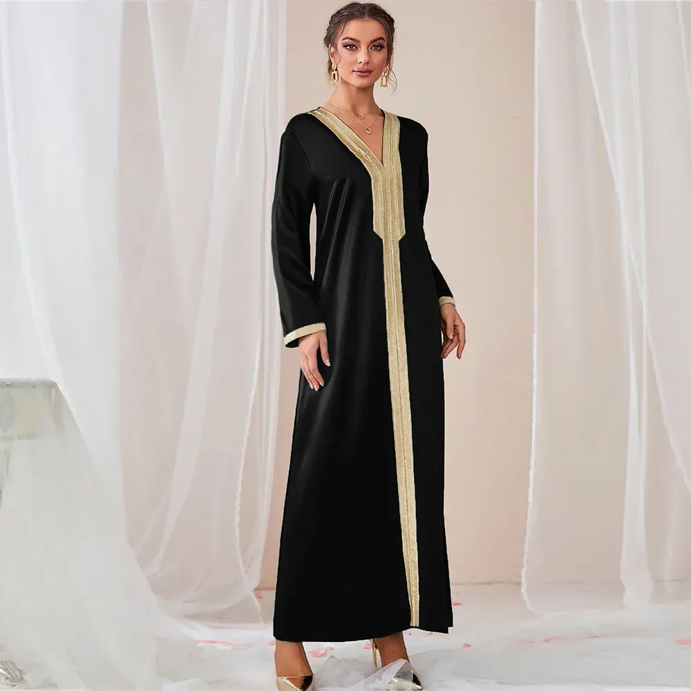 Vestido dubai abayas árabe vneck vestido para mulheres outono vneck robe marroquino abaya sólido manga cheia vestido muçulmano femme robe vestidos