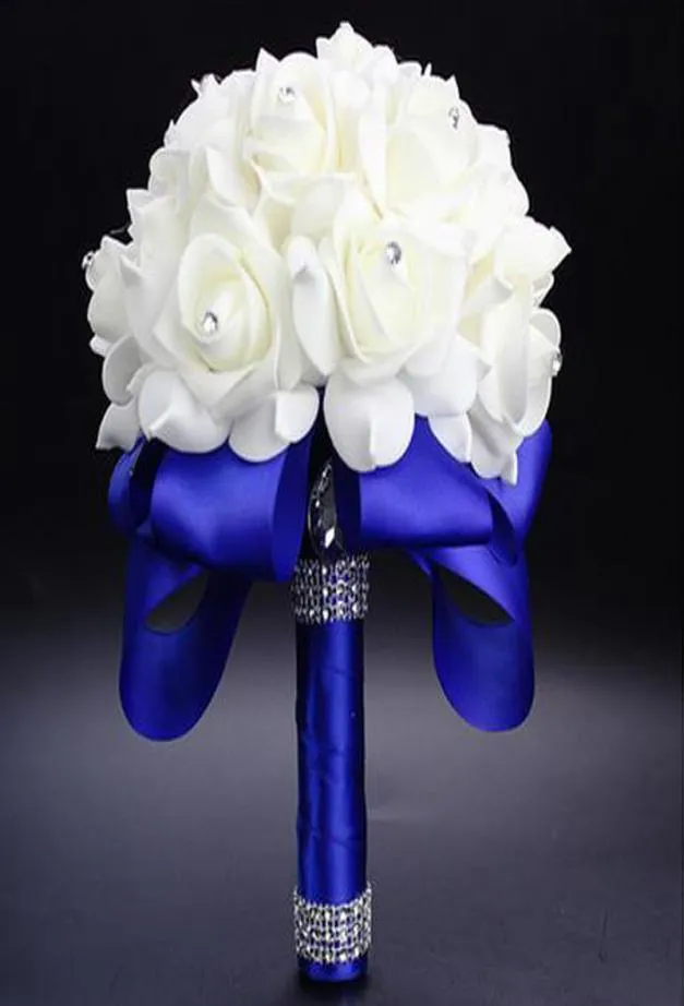 2017 Elegant Rose Artificial Bridal Flowers Bride Bouquet Wedding Bouquet Crystal Royal Blue Silk Ribbon New Buque de NoivaBlue BO1830814