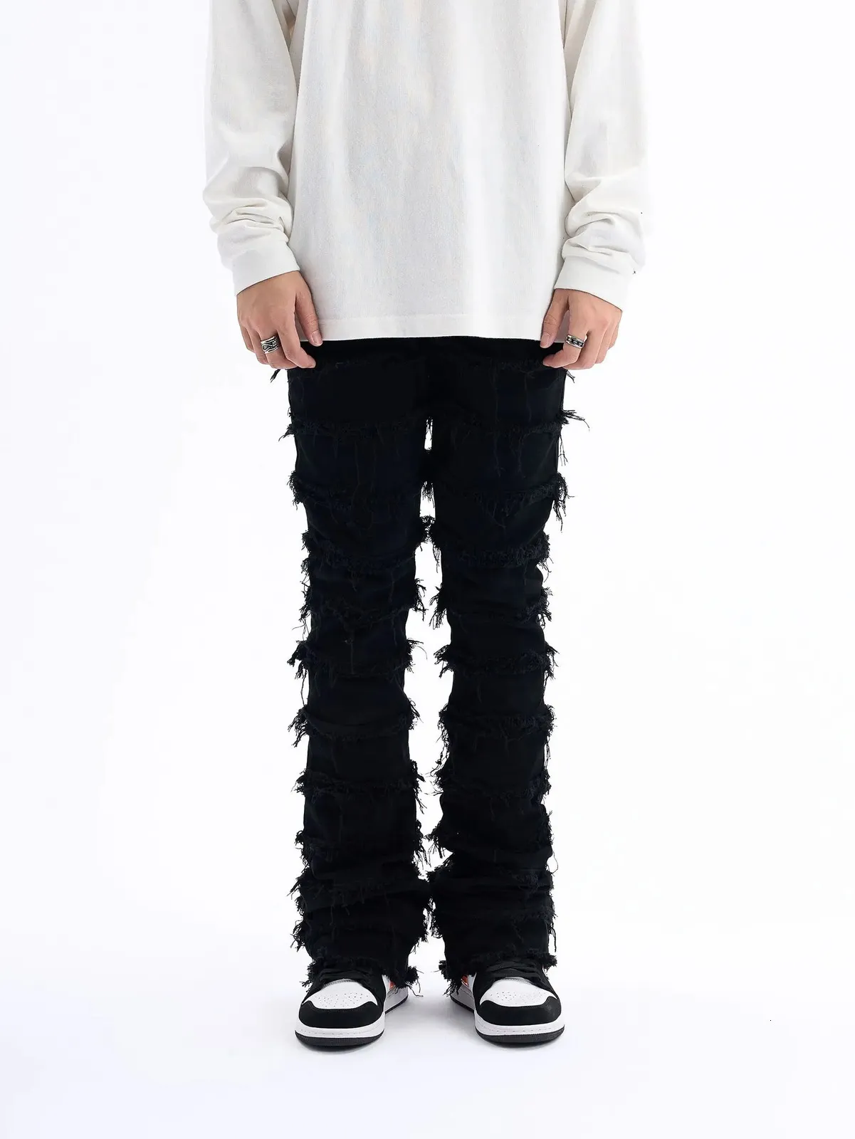 Style américain érosion noire endommagé rugueux jeans de rue hommes ins hip-hop mode vintage pantalon skinny streetwear 240304