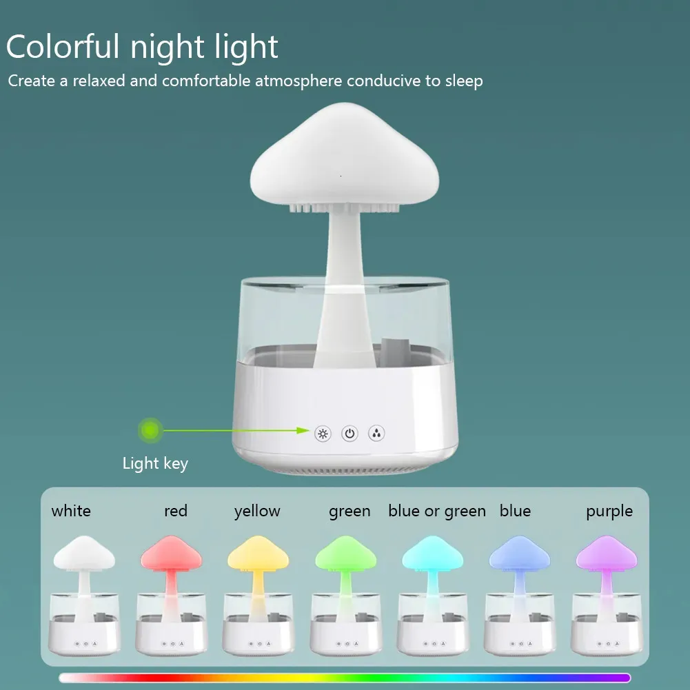 Humidificateur d'air de pluie de champignon diffuseur d'arôme électrique distributeur d'odeur de nuage de pluie détendre les gouttes d'eau sons lumières de nuit colorées 240226