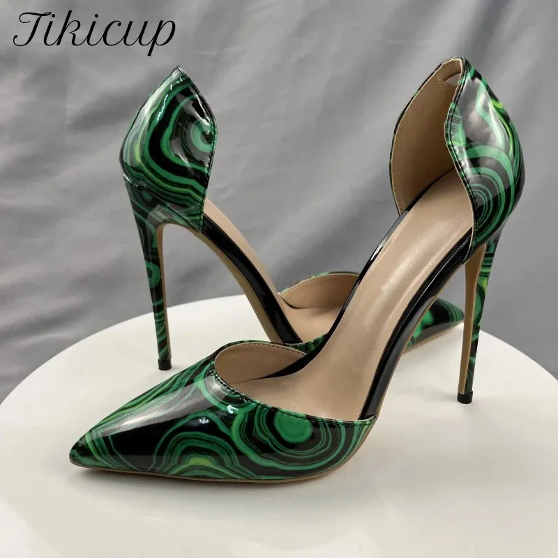 Tikicup Green Floral Print Women High Heel Shoes Ladies Sexy Dorsay Dress Stileetto Pumps Plus Size 33-240228の先のとがったつま先のスリップ